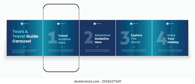 Tours and Travel guideline carousel template. Social media banner frame for travel agency carousel design