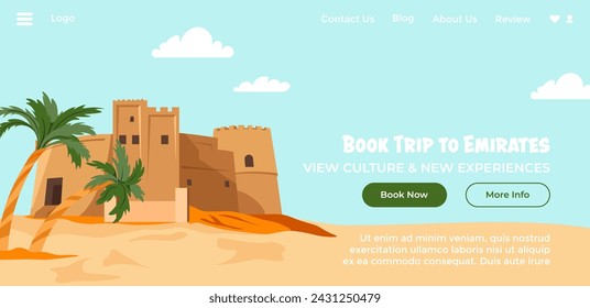 Tours and travel packages. Get more information and book trip to Arab Emirates, view new culture and experiences. Website landing page, internet site with offers for clients. Vector in flat style