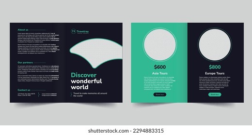 Tours And Travels bifold brochure template. A clean, modern, and high-quality design bifold brochure vector design. Editable and customize template brochure