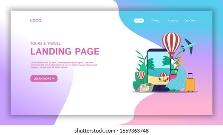 Tours and travels landing page template design. illustration of women tourist traveling with briefcase, map, air balloon, plane and beautiful decorative flower behind smartphone vector flat style.