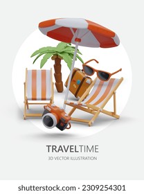 Tours to tropical countries. Rest under palm trees. Promotional offer from travel operator. Vertical concept with floating 3D figures. Poster with place for slogan, logo