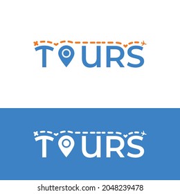 Tours Wordmark with Location Pin Logo Design Template. Suitable for Tours Travel Guide Transportation Agent Agency Company Business Corporate Brand Simple Modern Logo Design.