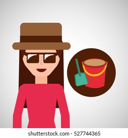 Toursit Female Hat Sunglasses Bucket Shovel Sand Vector Illustration Eps 10