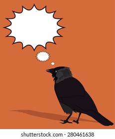 Tousled crow on a brown background with empty bubbles. Vector illustration