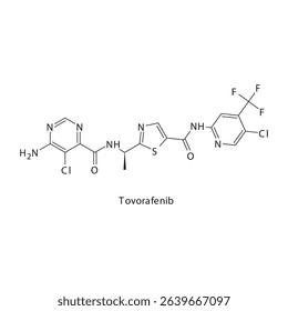Tovorafenib chemical structure skeletal formula. Pan-RAF kinase inhibitor drug used to treat Pediatric low-grade glioma, solid tumors. Simple schematic illustration.