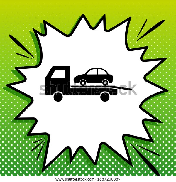 Tow car\
evacuation sign. Black Icon on white popart Splash at green\
background with white spots.\
Illustration.