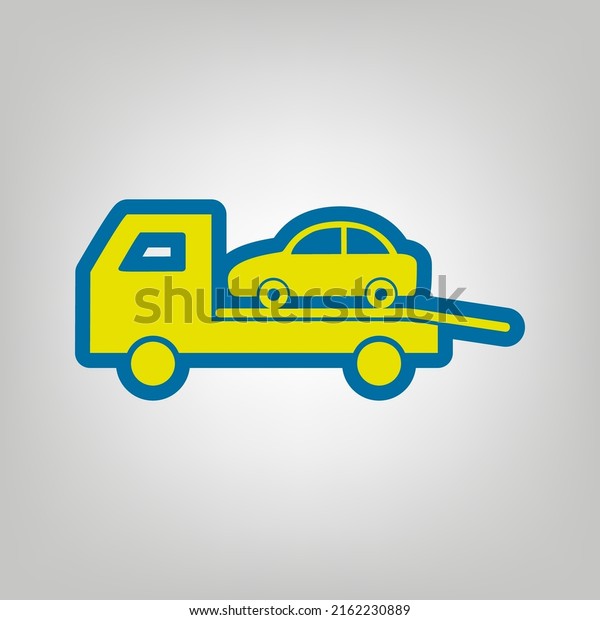 Tow car evacuation\
sign. Icon in colors of Ukraine flag (yellow, blue) at gray\
Background. Illustration.