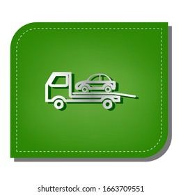Tow car evacuation sign. Silver gradient line icon with dark green shadow at ecological patched green leaf. Illustration.