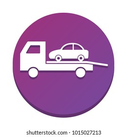 Tow car evacuation sign. Vector. White icon with flat shadow on purpureus circle at white background. Isolated.