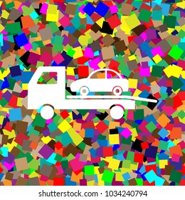 Tow car evacuation sign. Vector. White icon on colorful background with seamless pattern from squares.