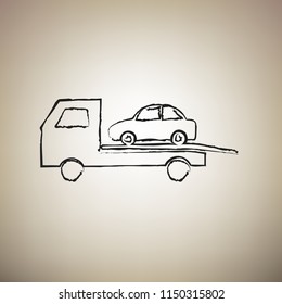Tow car evacuation sign. Vector. Brush drawed black icon at light brown background.