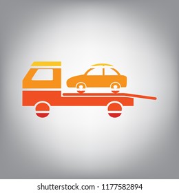 Tow car evacuation sign. Vector. Horizontally sliced icon with colors from sunny gradient in gray background.