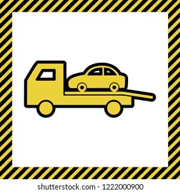Tow car evacuation sign. Vector. Warm yellow icon with black contour in frame named as under construction at white background. Isolated.