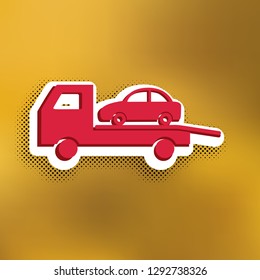 Tow car evacuation sign. Vector. Magenta icon with darker shadow, white sticker and black popart shadow on golden background.
