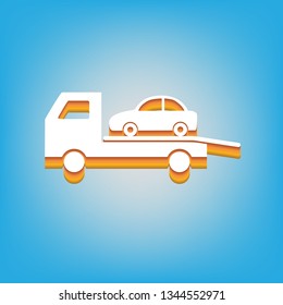 Tow car evacuation sign. Vector. White icon with 3d warm-colored gradient body at sky blue background.