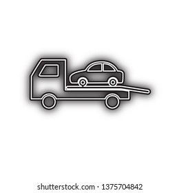 Tow car evacuation sign. Vector. Double contour black icon with soft shadow at white background. Isolated.
