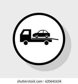 Tow car evacuation sign. Vector. Flat black icon in white circle with shadow at gray background.