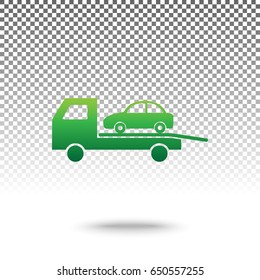 Tow car evacuation sign. Vector. Green gradient icon with shadow at bottom on transparent and white background.