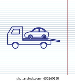 Tow car evacuation sign. Vector. Navy line icon on notebook paper as background with red line for field.