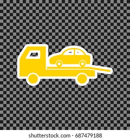 Tow car evacuation sign. Vector. Yellow icon with white contour on dark transparent background.