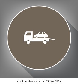 Tow car evacuation sign. Vector. White icon on brown circle with white contour and long shadow at gray background. Like top view on postament.