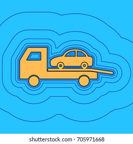 Tow car evacuation sign. Vector. Sand color icon with black contour and equidistant blue contours like field at sky blue background. Like waves on map - island in ocean or sea.