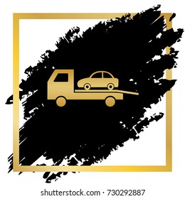 Tow car evacuation sign. Vector. Golden icon at black spot inside golden frame on white background.