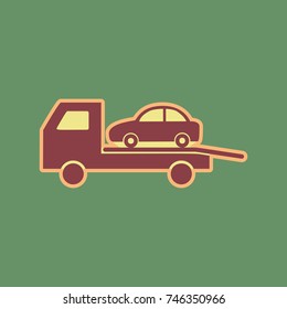 Tow car evacuation sign. Vector. Cordovan icon and mellow apricot halo with light khaki filled space at russian green background.