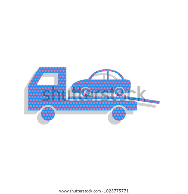 Tow car evacuation sign. Vector. Neon blue icon\
with cyclamen polka dots pattern with light gray shadow on white\
background. Isolated.