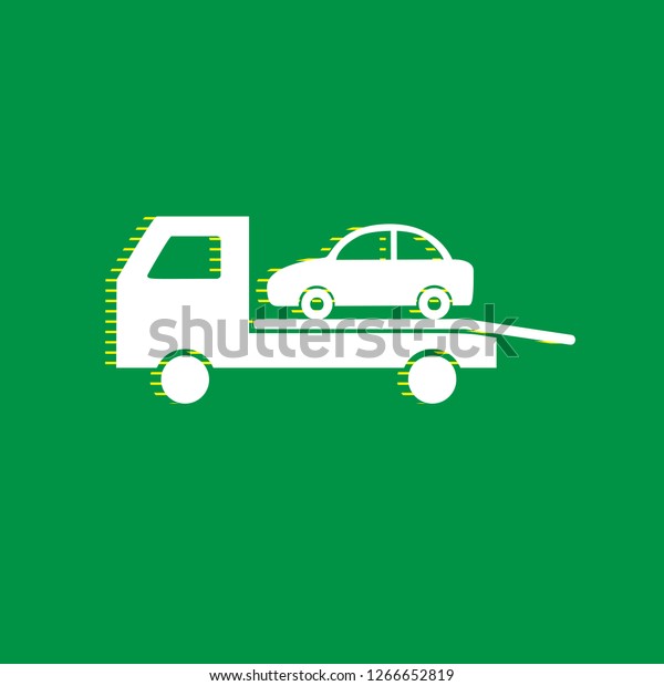 Tow car evacuation sign.\
Vector. White flat icon with yellow striped shadow at green\
background.
