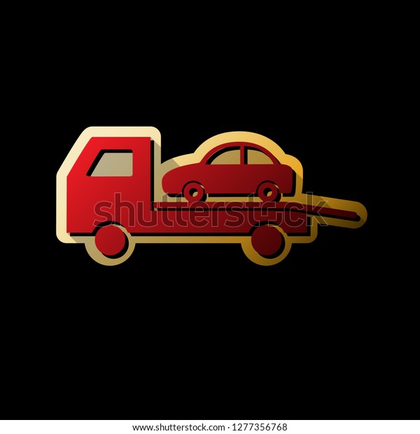 Tow car evacuation sign. Vector. Red icon\
with small black and limitless shadows at golden sticker on black\
background.