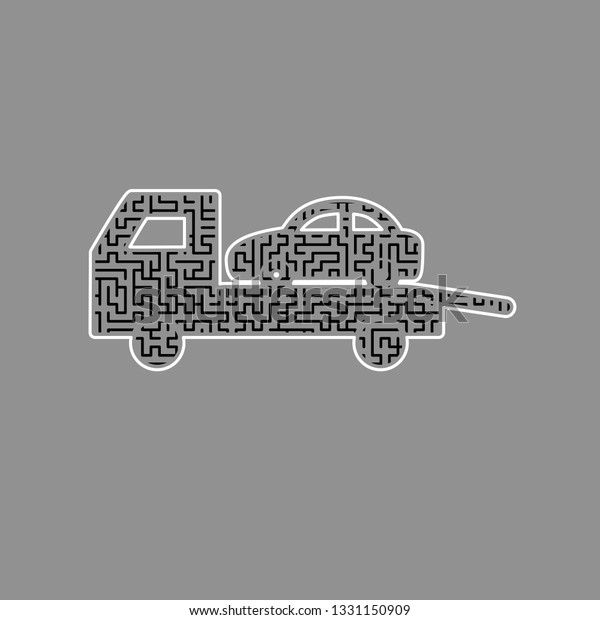 Tow car evacuation sign.
Vector. Black maze filled icon with white border at gray
background.