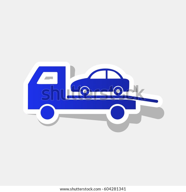 Tow car\
evacuation sign. Vector. New year bluish icon with outside stroke\
and gray shadow on light gray\
background.