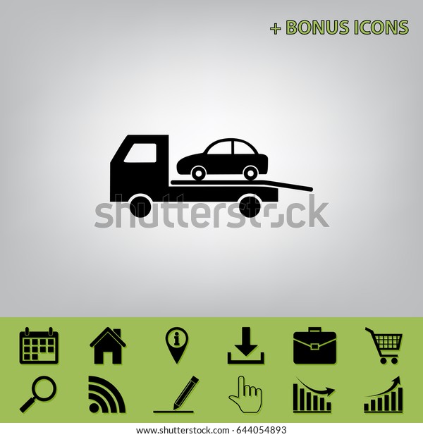 Tow car evacuation sign. Vector. Black icon\
at gray background with bonus icons\
