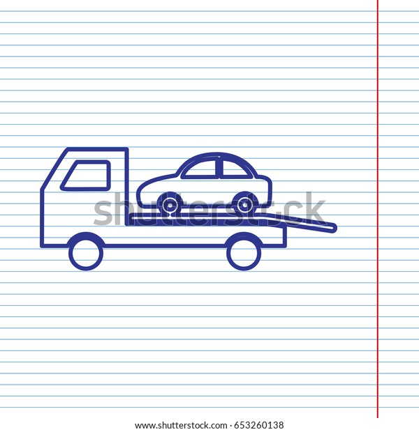 Tow car evacuation\
sign. Vector. Navy line icon on notebook paper as background with\
red line for field.