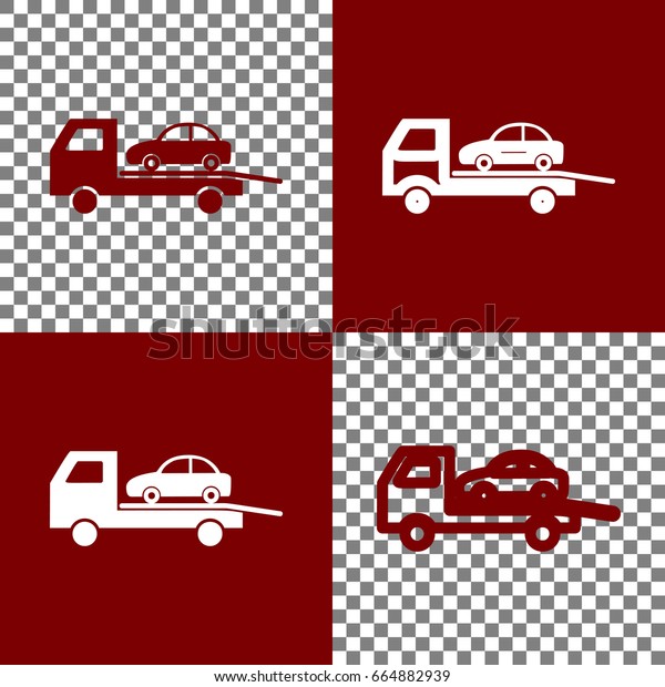 Tow car\
evacuation sign. Vector. Bordo and white icons and line icons on\
chess board with transparent\
background.