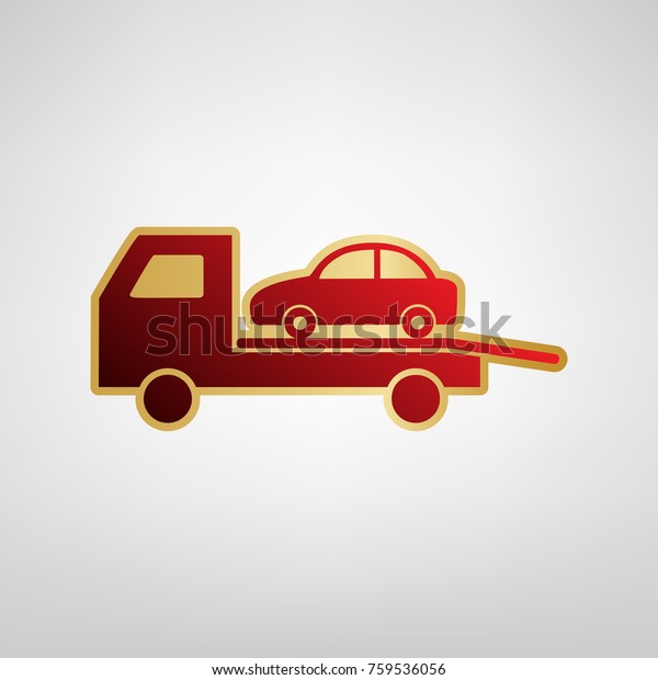 Tow car evacuation sign. Vector. Red icon on
gold sticker at light gray
background.