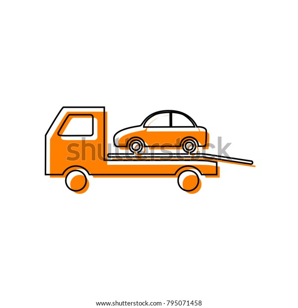 Tow car\
evacuation sign. Vector. Black line icon with shifted flat orange\
filled icon on white background.\
Isolated.