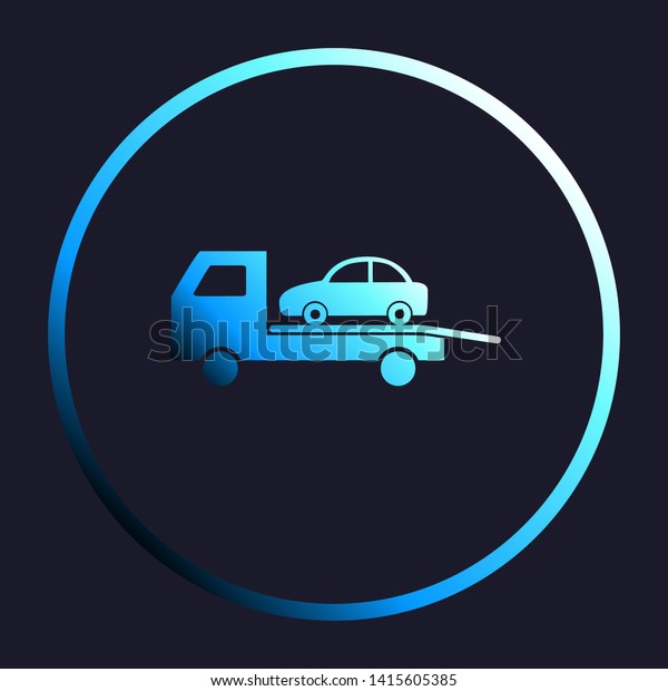 Tow car evacuation sign. White, cyan and\
blue gradient icon as round button in white shell at dark blue\
background. Illustration.