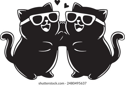 Tow chubby cats wearing sunglass laughing and happily enjoying with each other silhouette vector art illustratioin