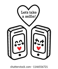 Tow funny and modern mobile or smart phone texting each other in a heart shape bubble speech about taking a selfie . Isolated on white background. Silhouette kawaii design. Flat vector illustration.
