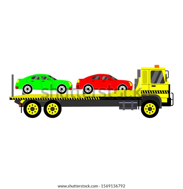 Tow mock-up vector truck. Isolated template\
for breaking down cars. Vehicle branding. The truck tows the car,\
side view. Easy to edit and\
repaint.