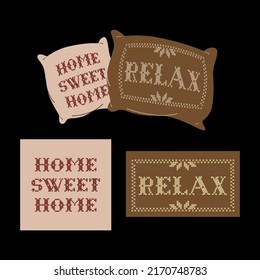 Tow pillows with cross stitch decoration and templates. Home accessory. Vector design. Easy to use for pillow,pillow case, poster.