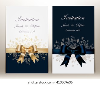 tow pretty wedding invitation with ribbon and bow.