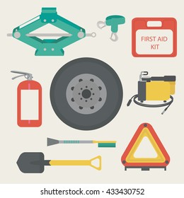 Tow rope, first aid kit, fire extinguisher, spare wheel, shovel, brush and scraper, warning triangle, car air compressor. Vector illustration.