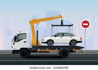 Tow truck background with municipal vehicles symbols realistic vector illustration