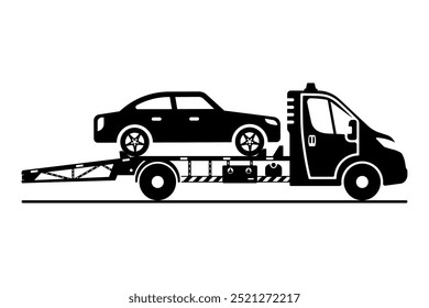 Camión de remolque de silueta negra. Asistencia de emergencia en carretera. Asistencia en carretera para vehículos. Un camión de remolque está transportando un coche averiado. Diseño plano de Ilustración vectorial. Aislado sobre fondo blanco.