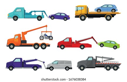 Tow Truck or Breakdown Truck Working Side View Vector Set