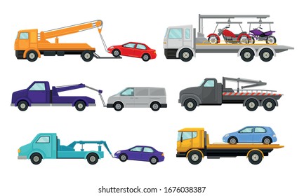 Tow Truck or Breakdown Truck Working Side View Vector Set