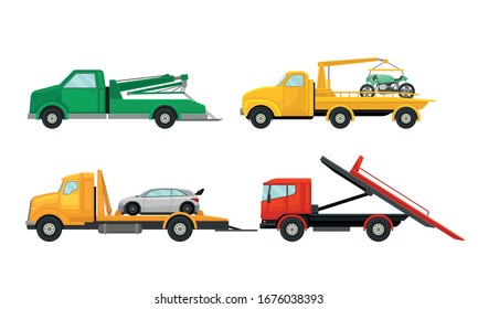 Tow Truck or Breakdown Truck Working Side View Vector Set